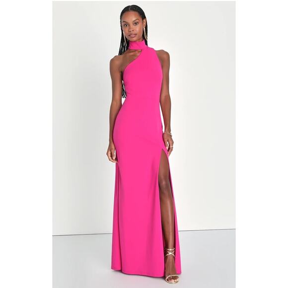 Lulus Hot Pink Asymmetrical Cutout Halter Keep It Interesting Maxi Dress Size M - Picture 8 of 12